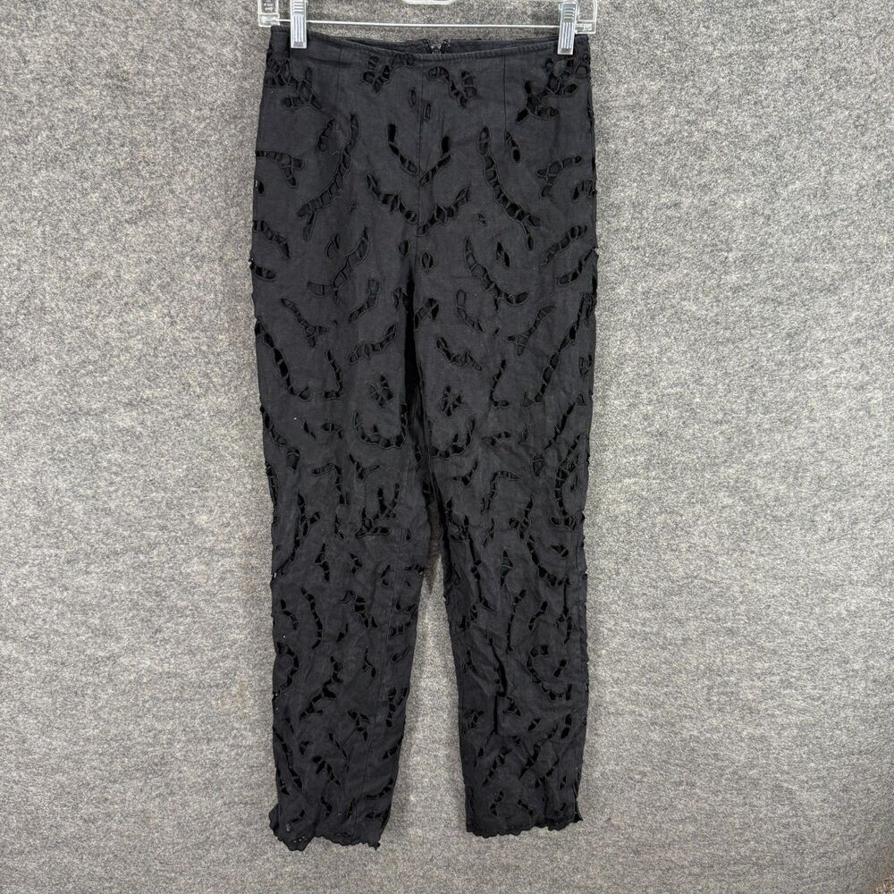 Chettab Pants Women 6 Black Geometric Embroidered Chino Zipper High Rise Linen